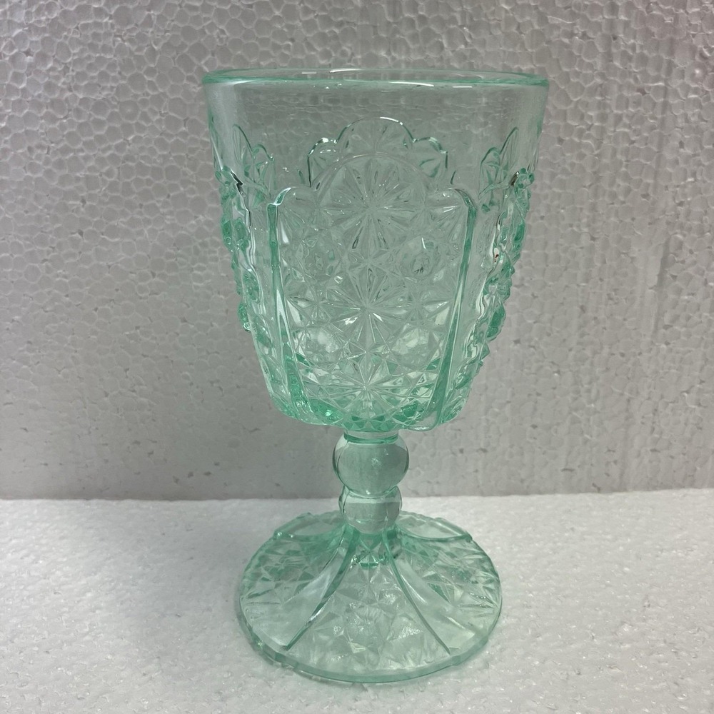 Antique Adams & Co Goblet Daisy & Button Thumbprint #86 Water Glass Aqua UV Glow